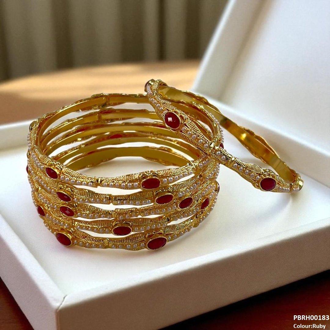 PBRH00183 MZM Oval/Pearl Bangles 6 Pcs Set - PBRH