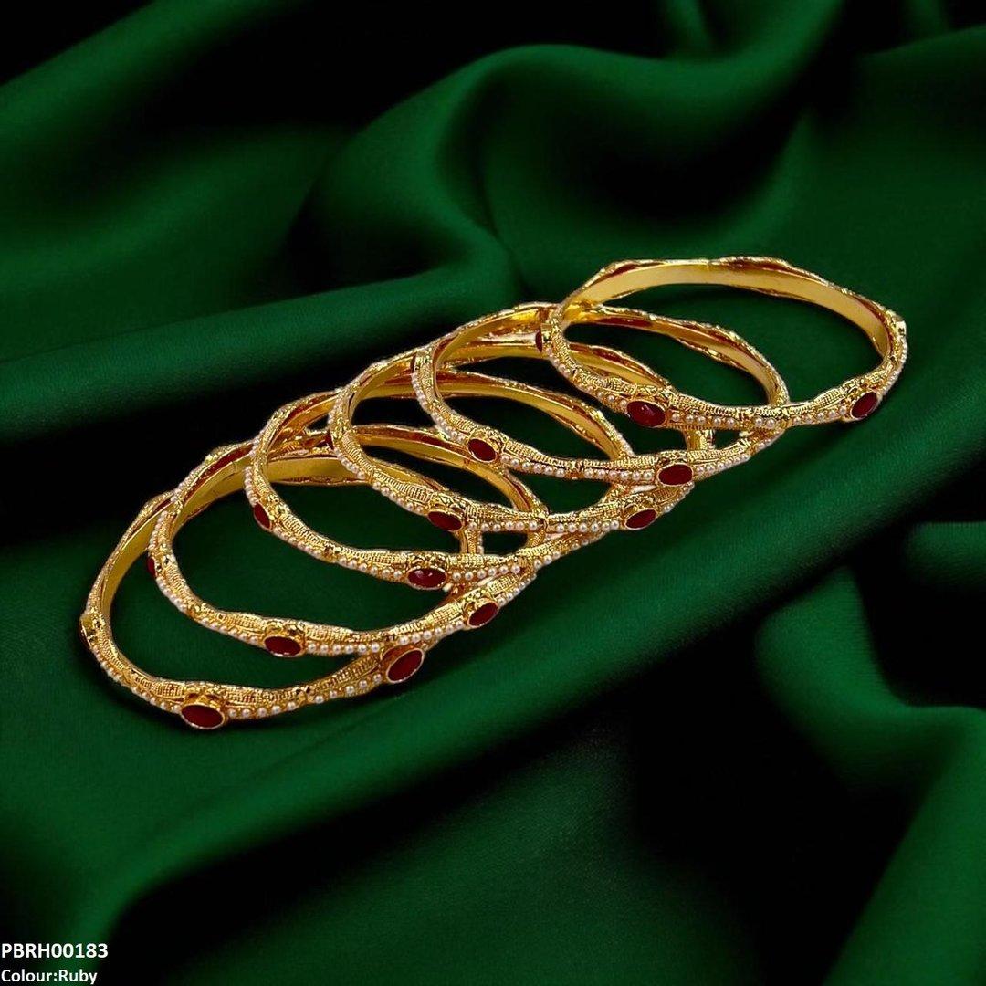 PBRH00183 MZM Oval/Pearl Bangles 6 Pcs Set - PBRH