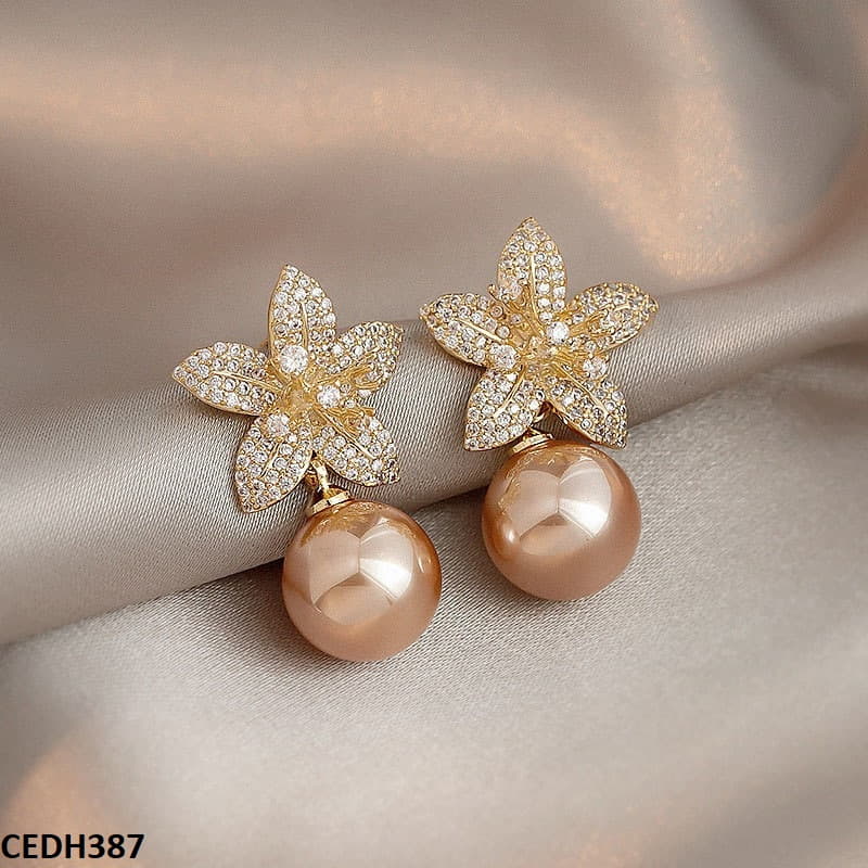 CEDH387 SYB Flower Shinning Pearl Drop Earrings Pair