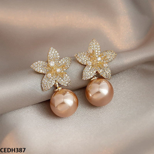 CEDH387 SYB Flower Shinning Pearl Drop Earrings Pair