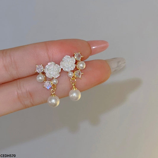 CEDH570 HJF Flower Pearl Drop Earrings