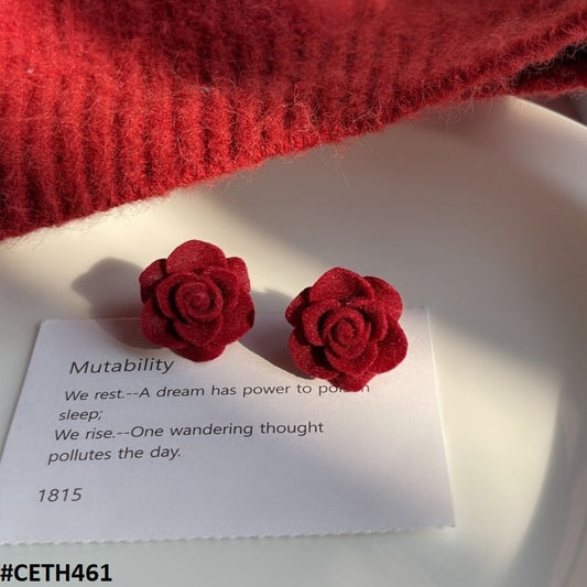 CETH461 ZHL Velvet Red Rose Mini Stud Ear Tops Pair