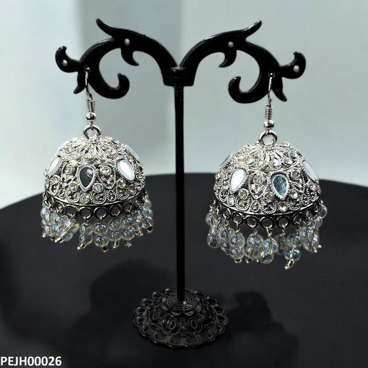 PEJH00026 FRN Tear Round Stone Silver Jhumki - PEJH